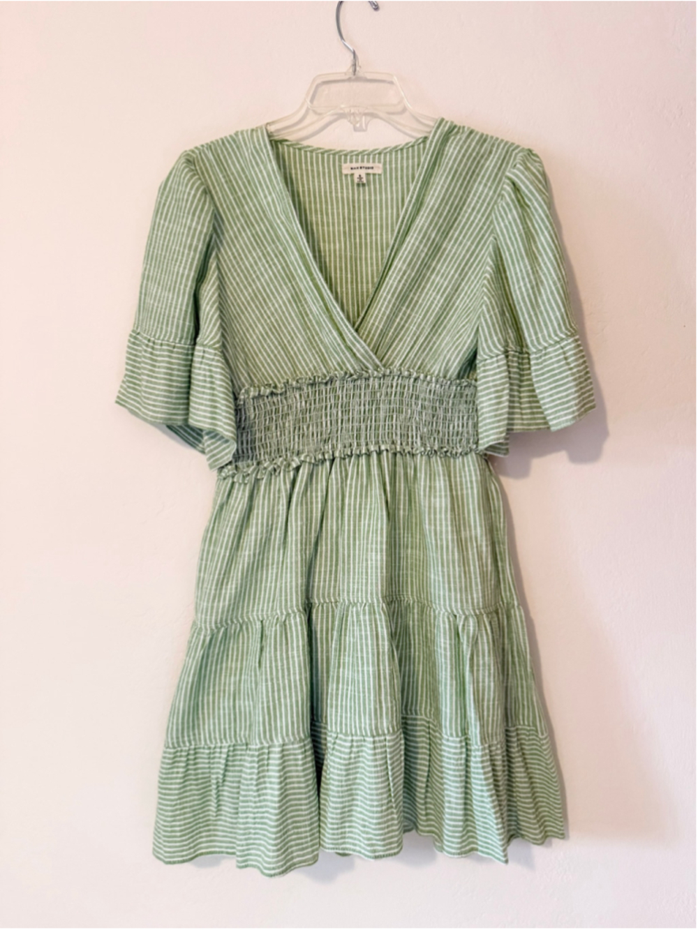 Women's Max Studio Mini Dress Size S Green White Striped Ruffle Sleeve